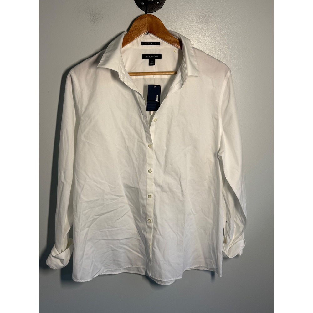 Lands End Womens White No Iron Supima Cotton Button Down Shirt Blouse Size 14